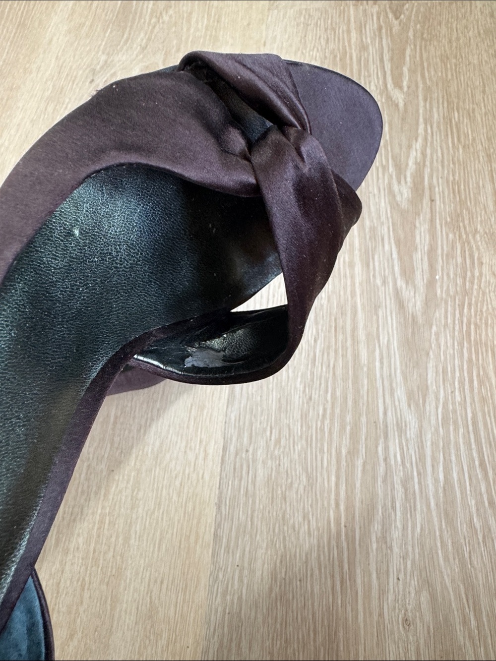 Nine West Dark Brown Satin Peep-Toe Knot Heels - Picture 4 of 7